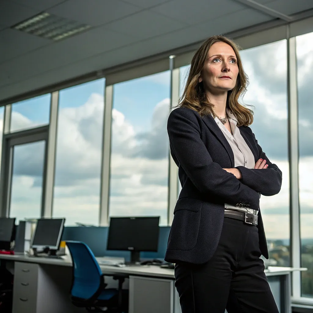 Sarah with a backdrop of office